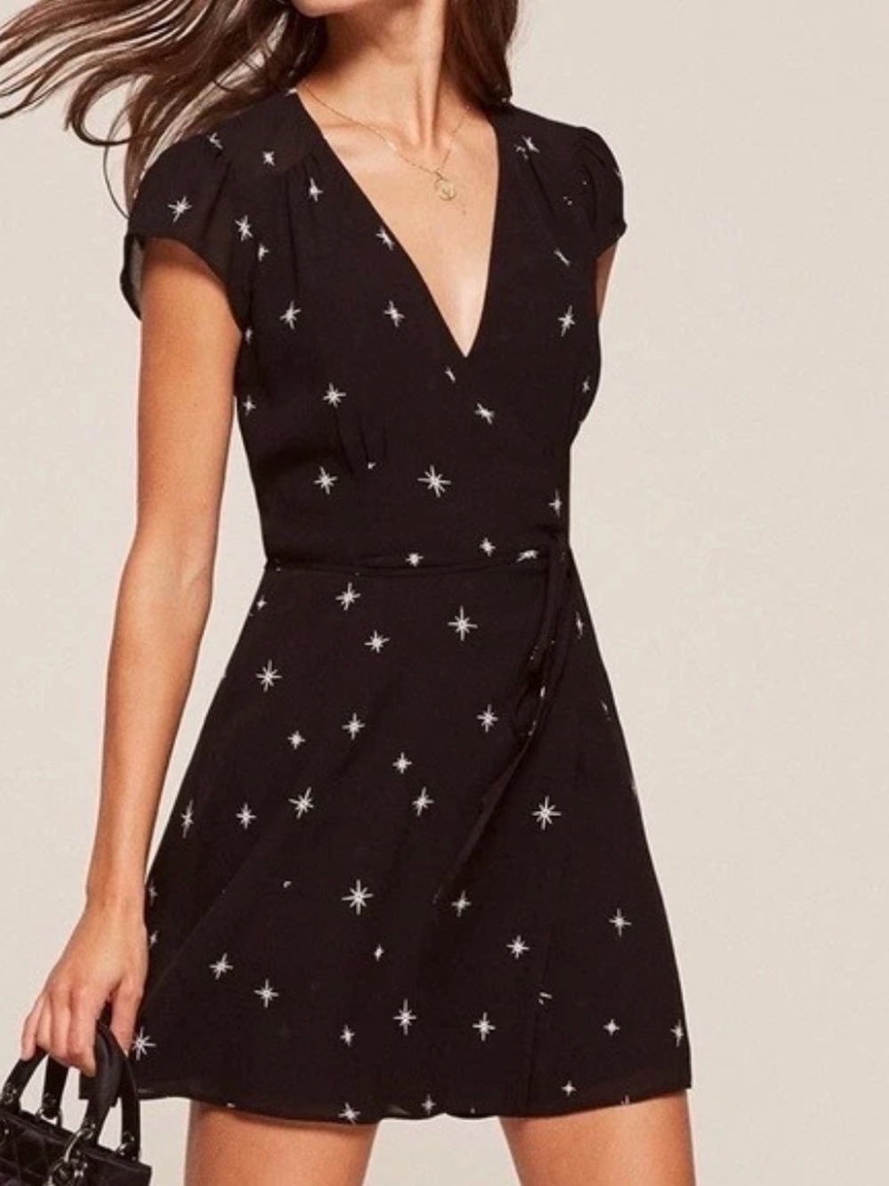 Reformation Oyster Star Print Mini Wrap Dress Black Celestial WhimsiGoth XS
